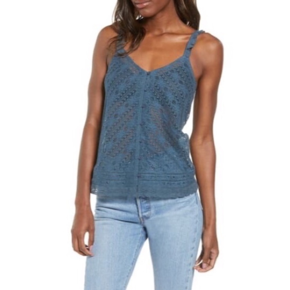 Hinge Button Front Lace Cami in Blue Orion